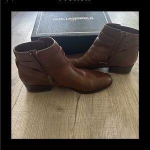 Karl Lagerfeld Paris Leather Boots. Above ankle style Minna Med. Brown Leather
